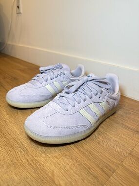adidas Lavender Suede Sneakers with Cream Stripes